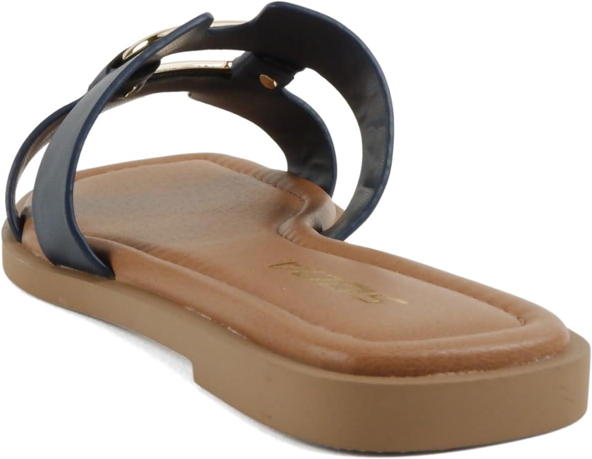 image:imageSoda FENG Women Square Toe HBand SlipOn Fashion Slide Sandal with Buckle DetailNavy Pu