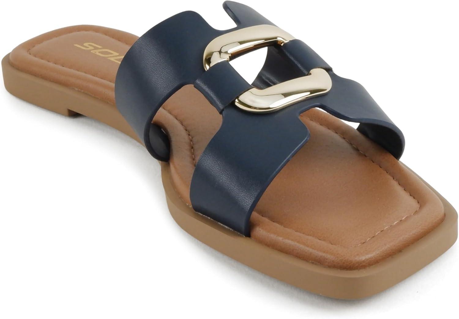 image:imageSoda FENG Women Square Toe HBand SlipOn Fashion Slide Sandal with Buckle DetailNavy Pu