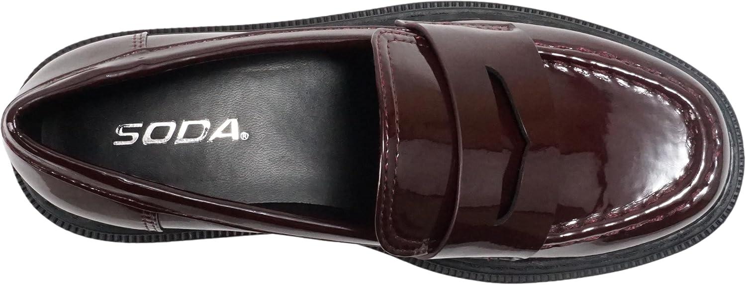 image:imageSoda Eureka Women Slip On Platform Penny Loafer Lug Sole with Stitched DetailDark Burgundy Patent