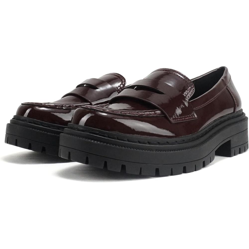 image:imageSoda Eureka Women Slip On Platform Penny Loafer Lug Sole with Stitched DetailDark Burgundy Patent