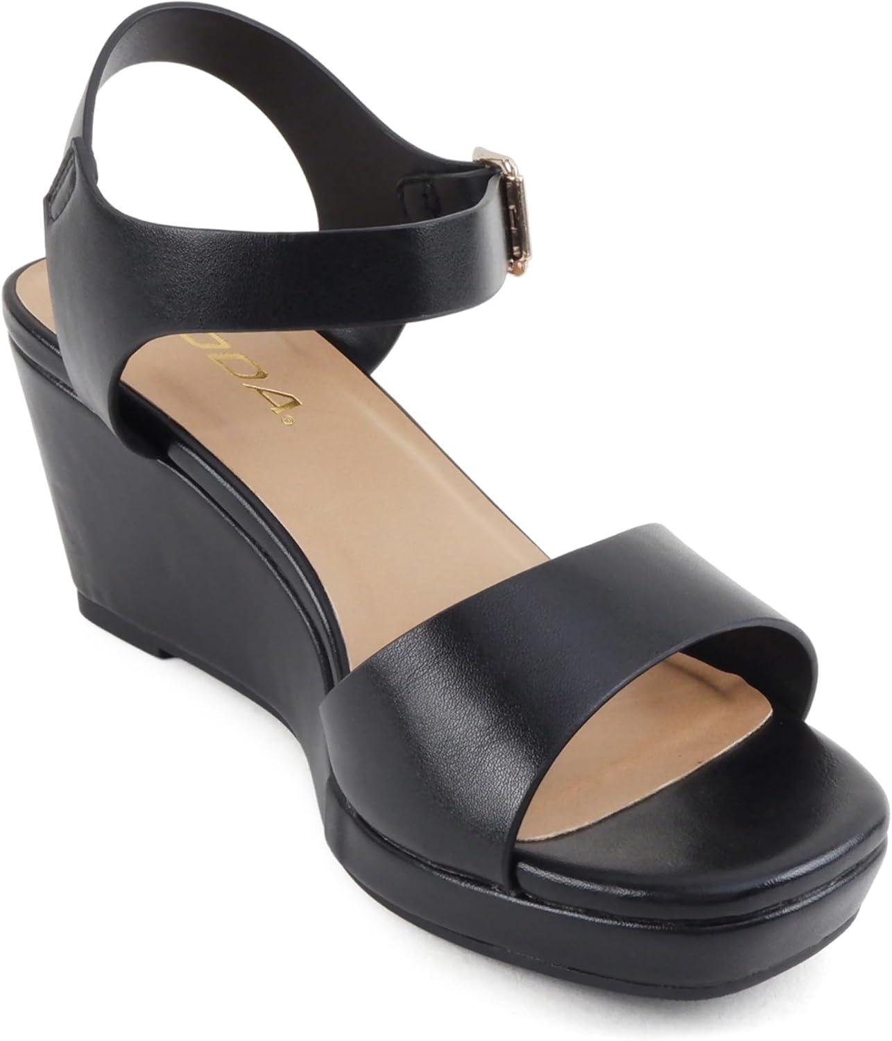 image:imageSoda Maple Women Square Toe Wedge Sandal with Adjustable Ankle StrapBlack Pu