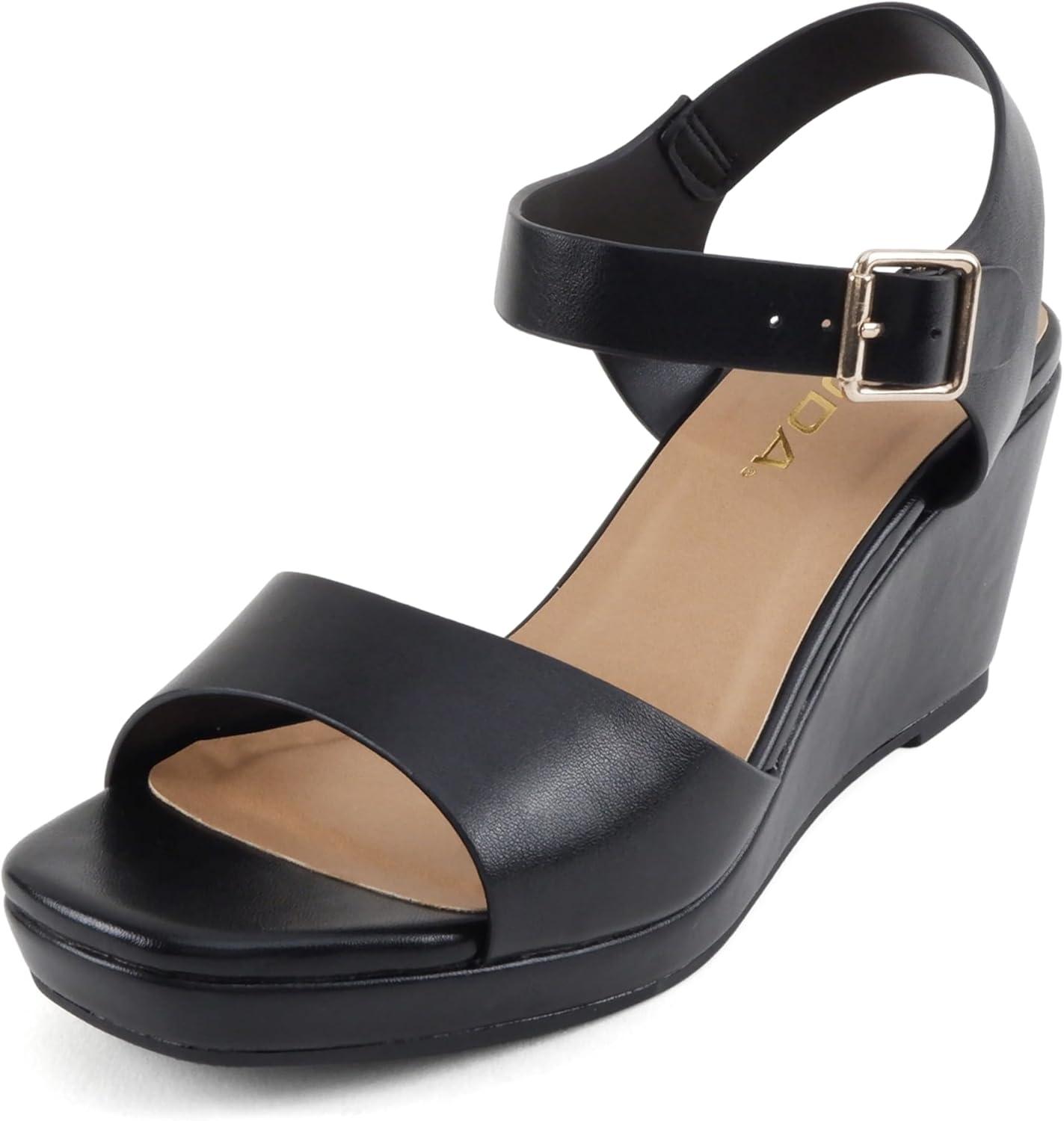 image:imageSoda Maple Women Square Toe Wedge Sandal with Adjustable Ankle StrapBlack Pu