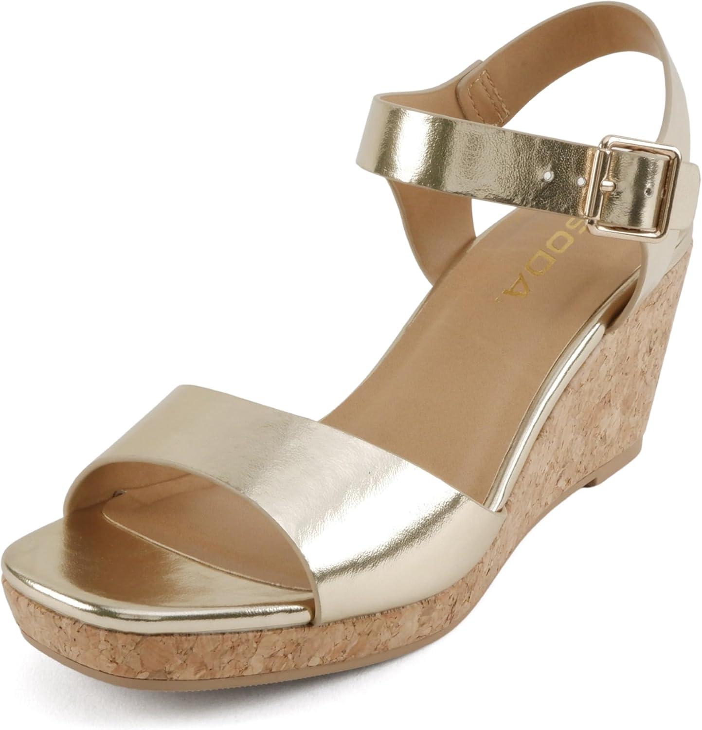 image:imageSoda Maple Women Square Toe Wedge Sandal with Adjustable Ankle StrapGold Metallic