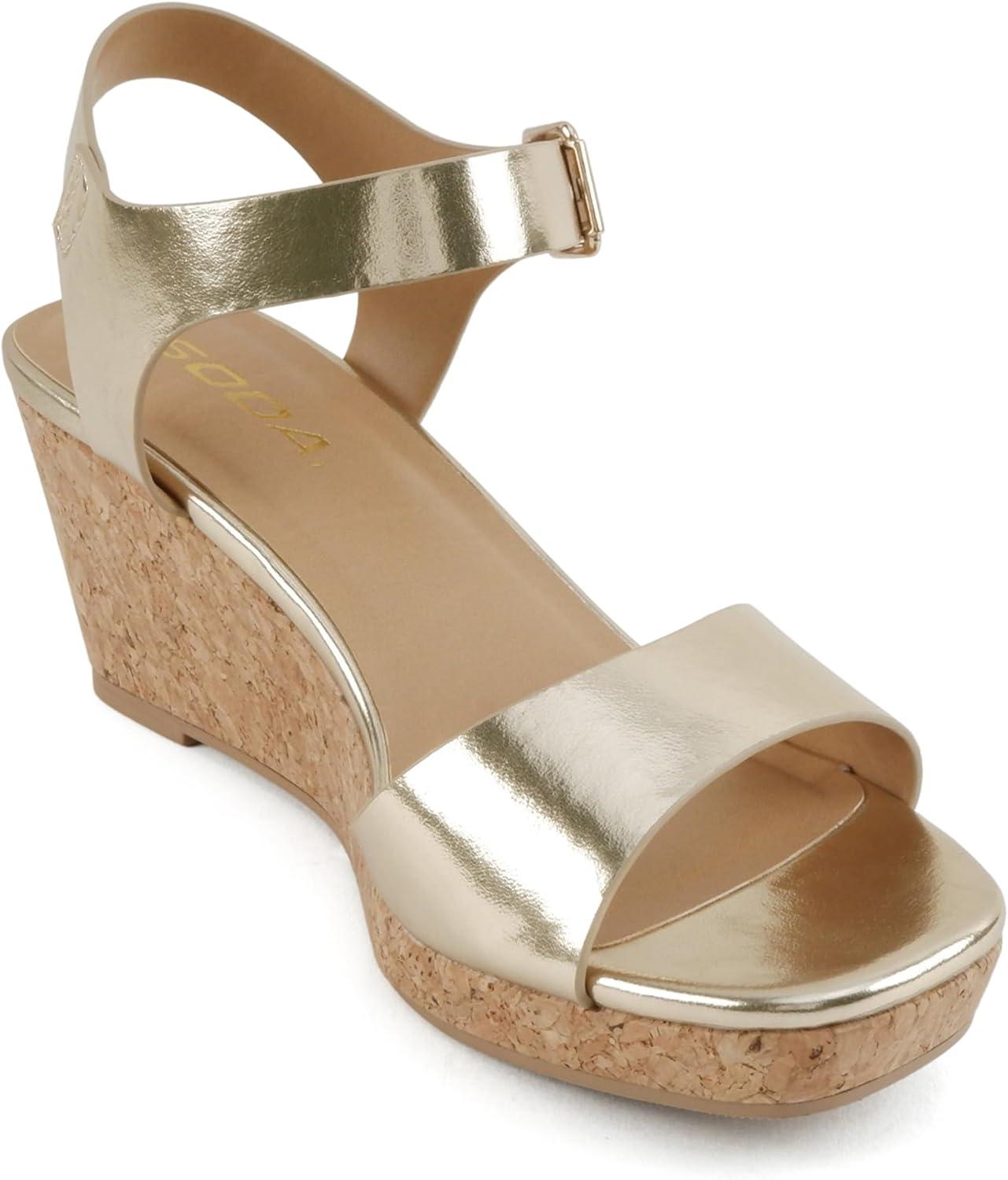 image:imageSoda Maple Women Square Toe Wedge Sandal with Adjustable Ankle StrapGold Metallic