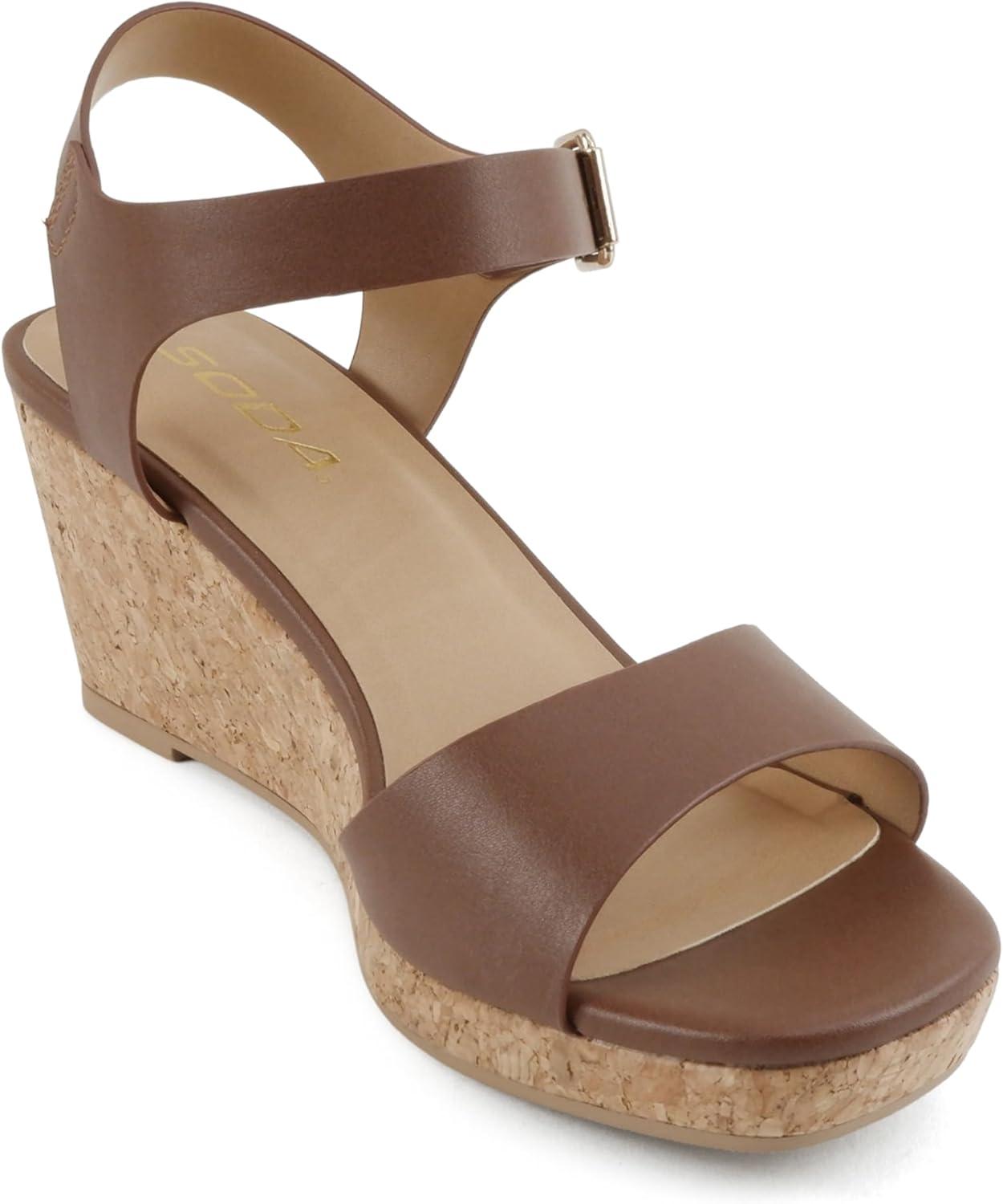 image:imageSoda Maple Women Square Toe Wedge Sandal with Adjustable Ankle StrapLt Brown Pu