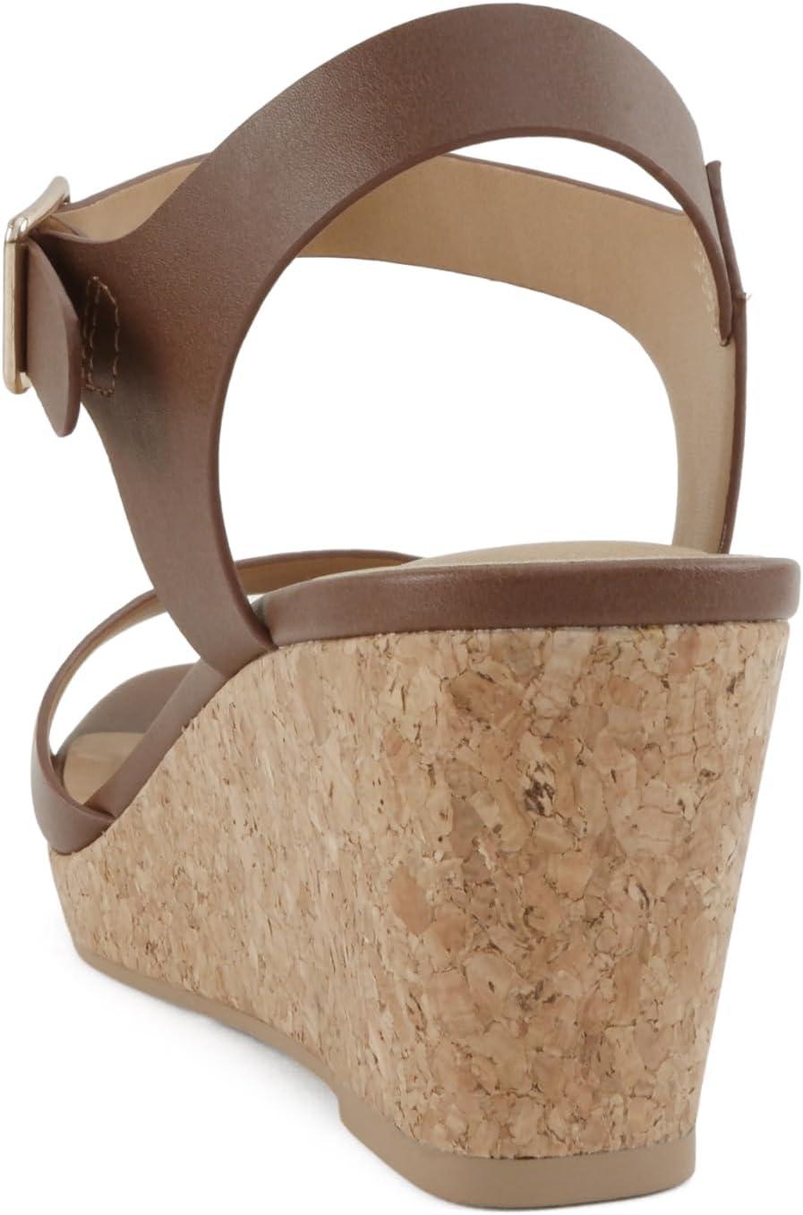 image:imageSoda Maple Women Square Toe Wedge Sandal with Adjustable Ankle StrapLt Brown Pu