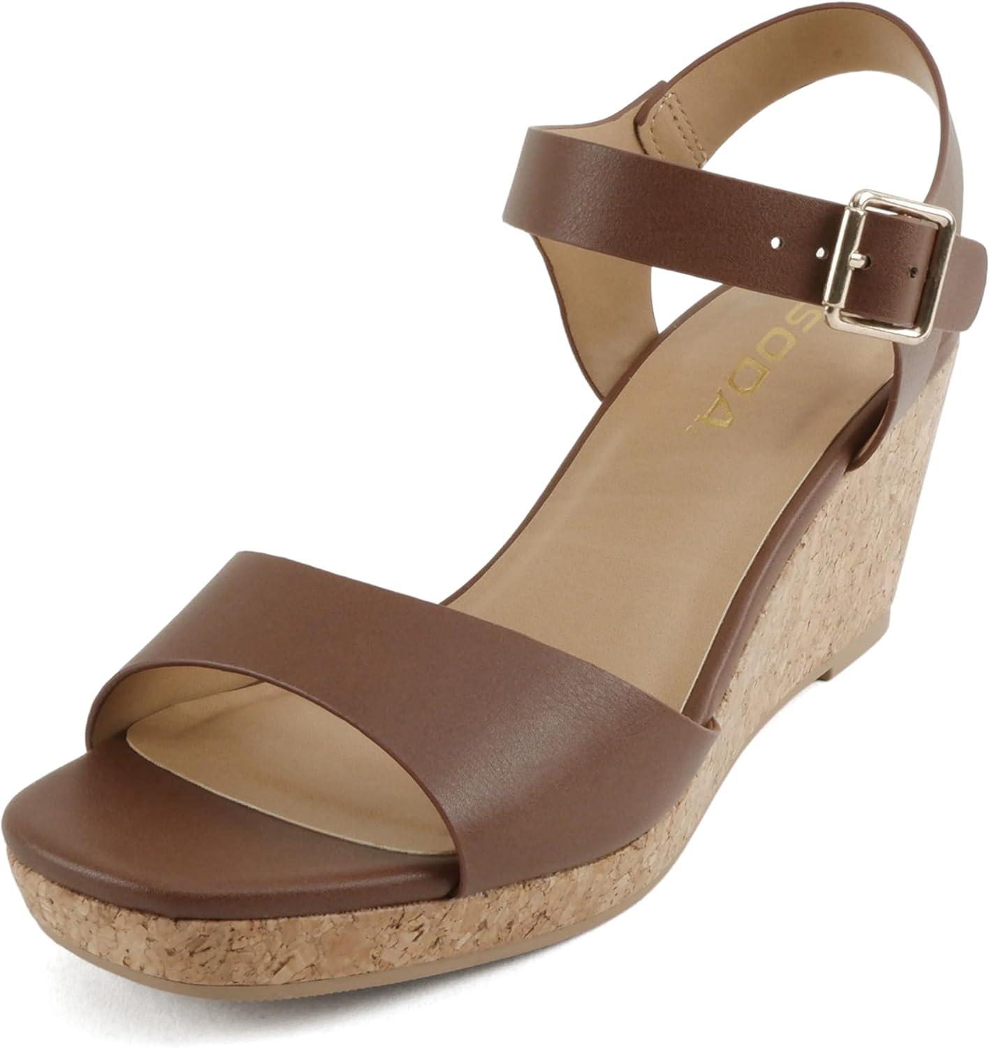 image:imageSoda Maple Women Square Toe Wedge Sandal with Adjustable Ankle StrapLt Brown Pu
