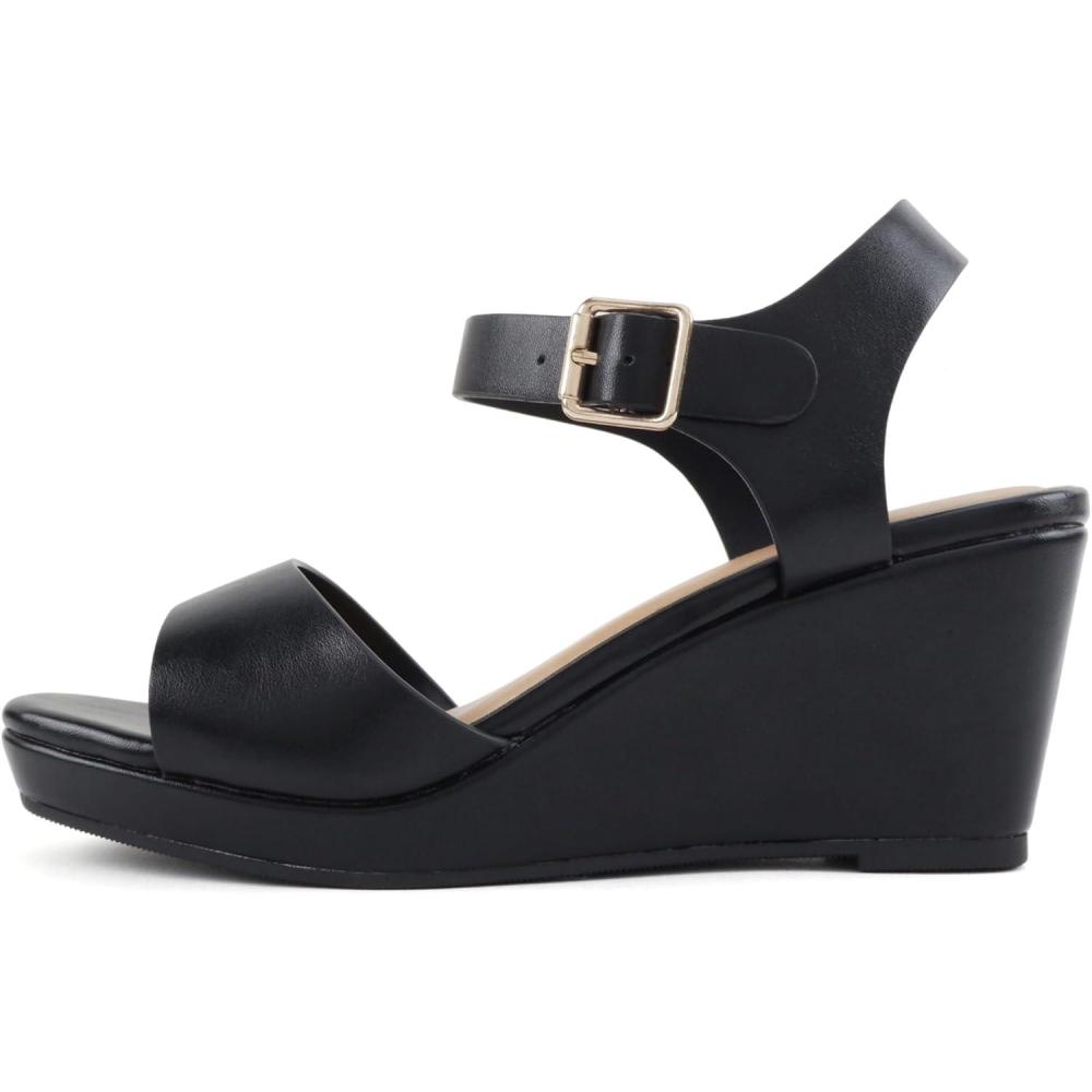 image:imageSoda Maple Women Square Toe Wedge Sandal with Adjustable Ankle StrapBlack Pu