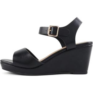 Soda Maple ~ Women Square Toe Wedge Sandal with Adjustable Ankle Strap(Black Pu)