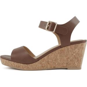 Soda Maple ~ Women Square Toe Wedge Sandal with Adjustable Ankle Strap(Lt Brown Pu)