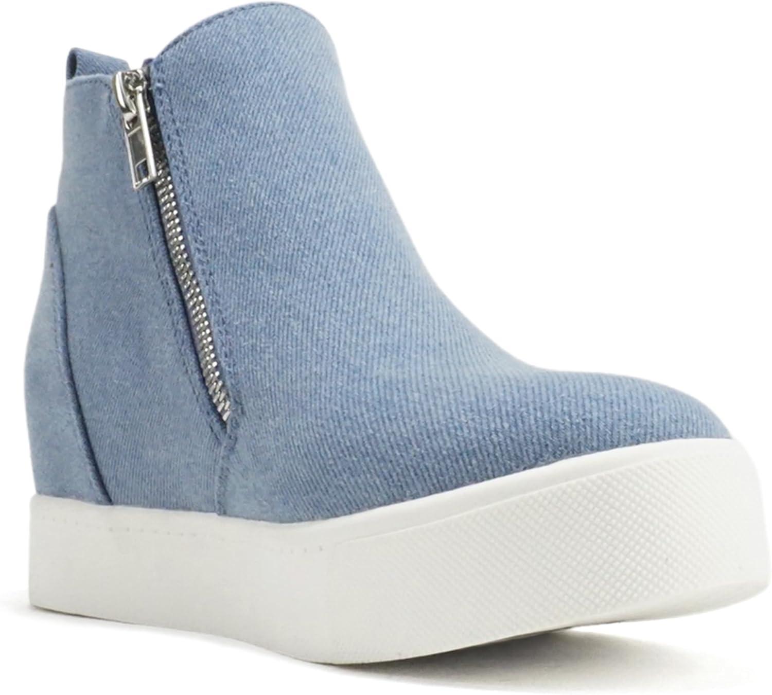 image:imageSoda Taylor Hidden Wedge Sole Booties Ankle Heels Sneaker Shoes Side ZipperDenim Blue