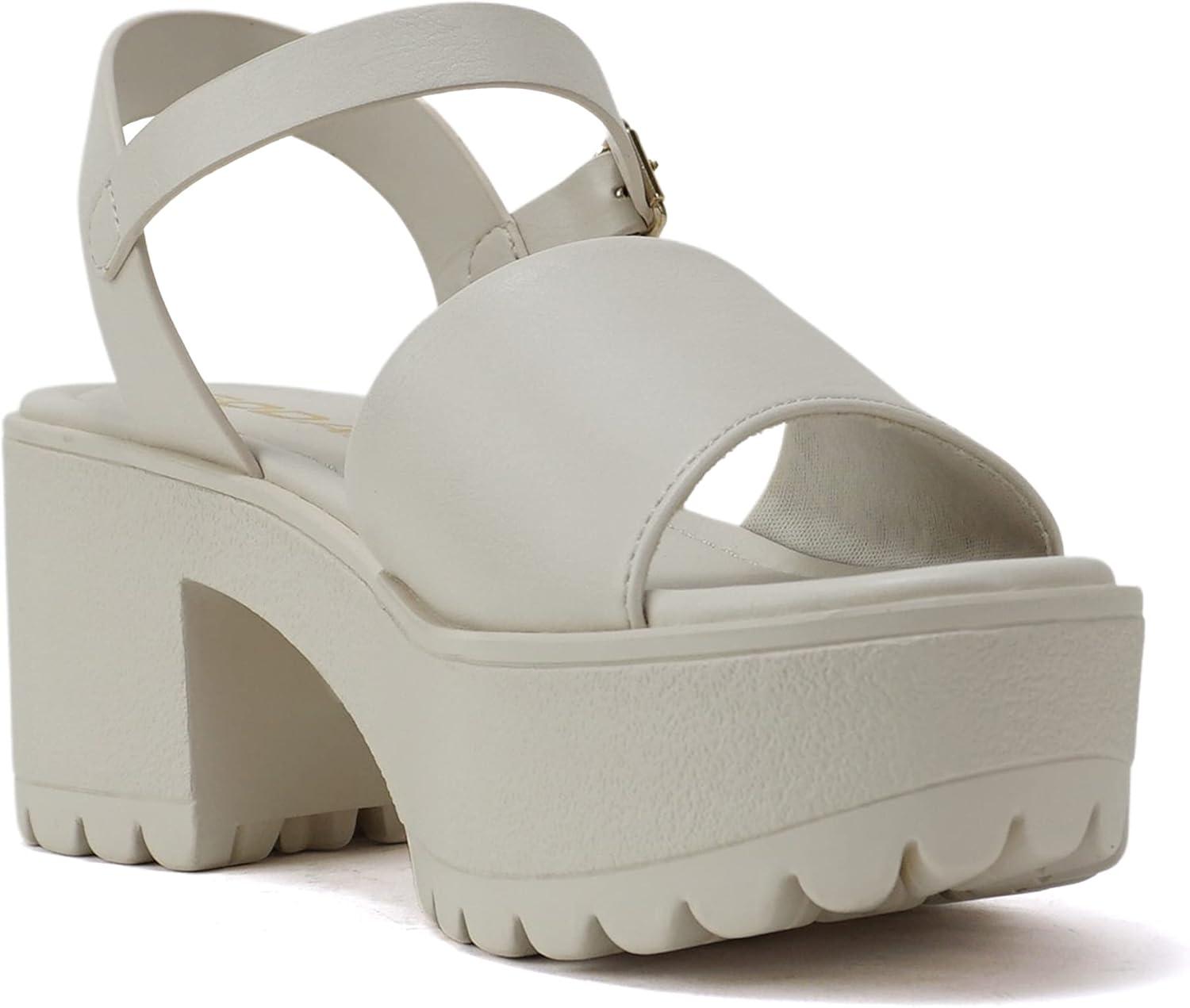 image:imageSoda Stacie Women Open Toe Lug Sole Mid Block Heeled Sandals with Adjustable Ankle StrapBone Pu