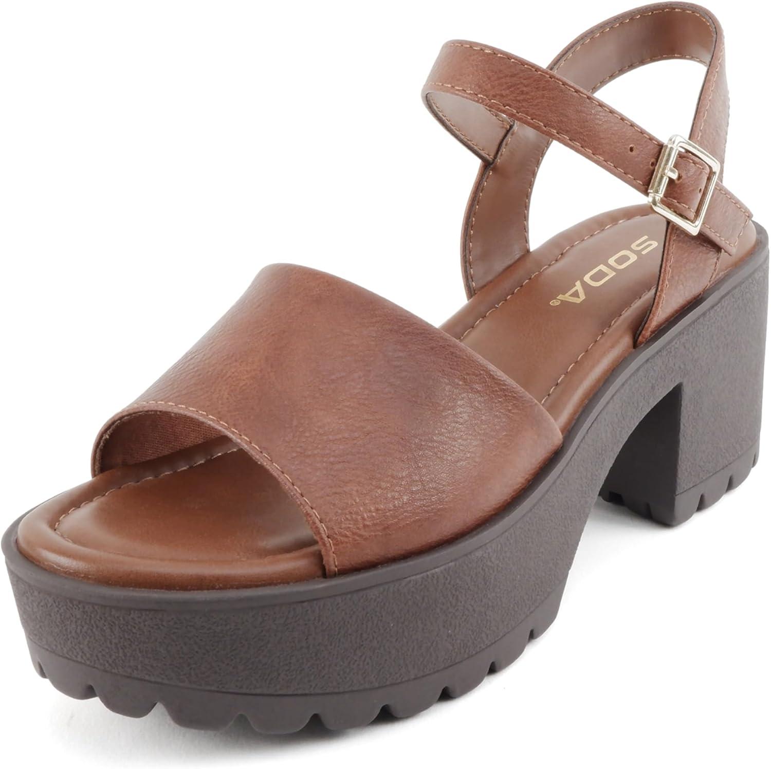 image:imageSoda Stacie Women Open Toe Lug Sole Mid Block Heeled Sandals with Adjustable Ankle StrapCognac Pu