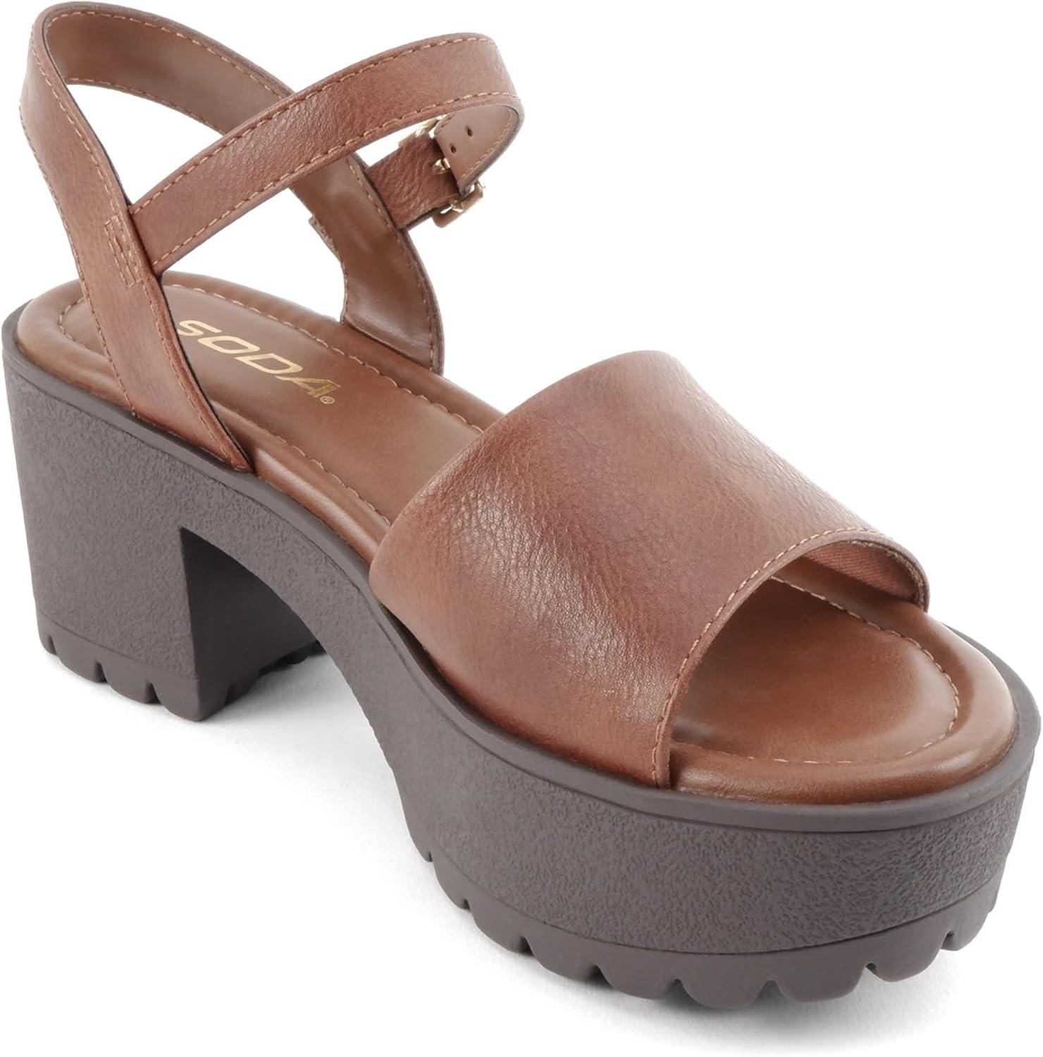 image:imageSoda Stacie Women Open Toe Lug Sole Mid Block Heeled Sandals with Adjustable Ankle StrapCognac Pu