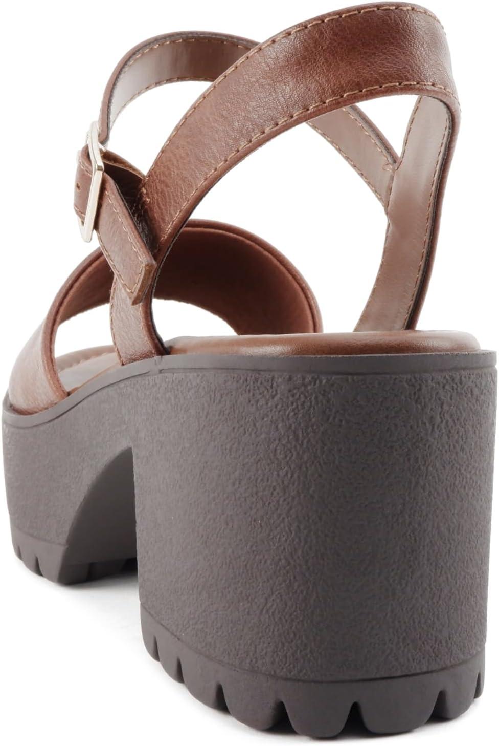 image:imageSoda Stacie Women Open Toe Lug Sole Mid Block Heeled Sandals with Adjustable Ankle StrapCognac Pu