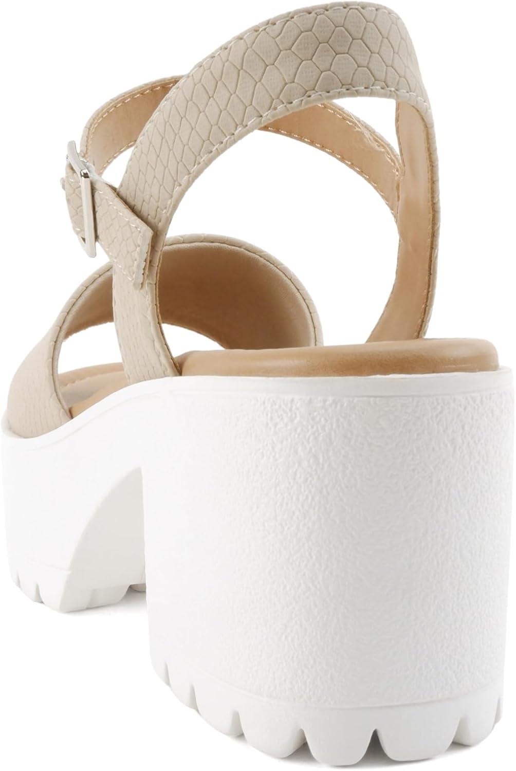 image:imageSoda Stacie Women Open Toe Lug Sole Mid Block Heeled Sandals with Adjustable Ankle StrapNude Cobra