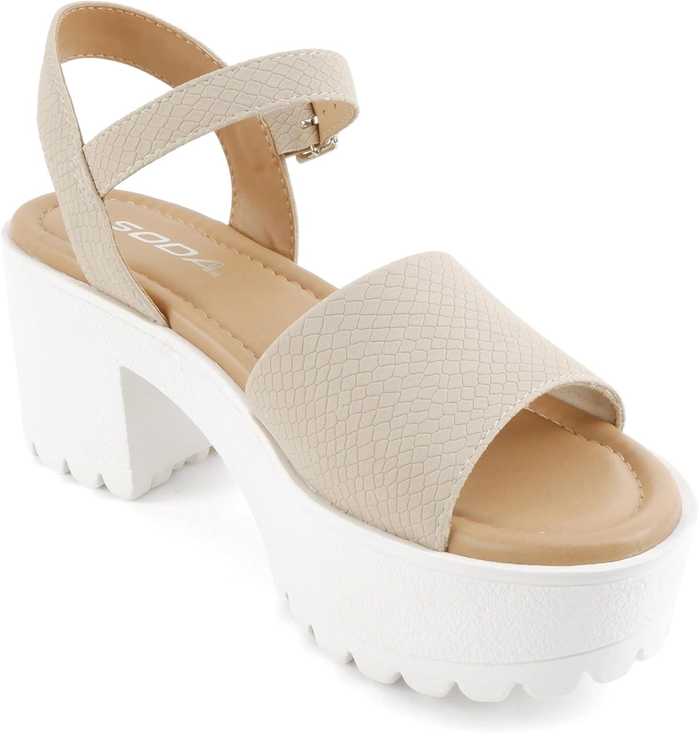 image:imageSoda Stacie Women Open Toe Lug Sole Mid Block Heeled Sandals with Adjustable Ankle StrapNude Cobra