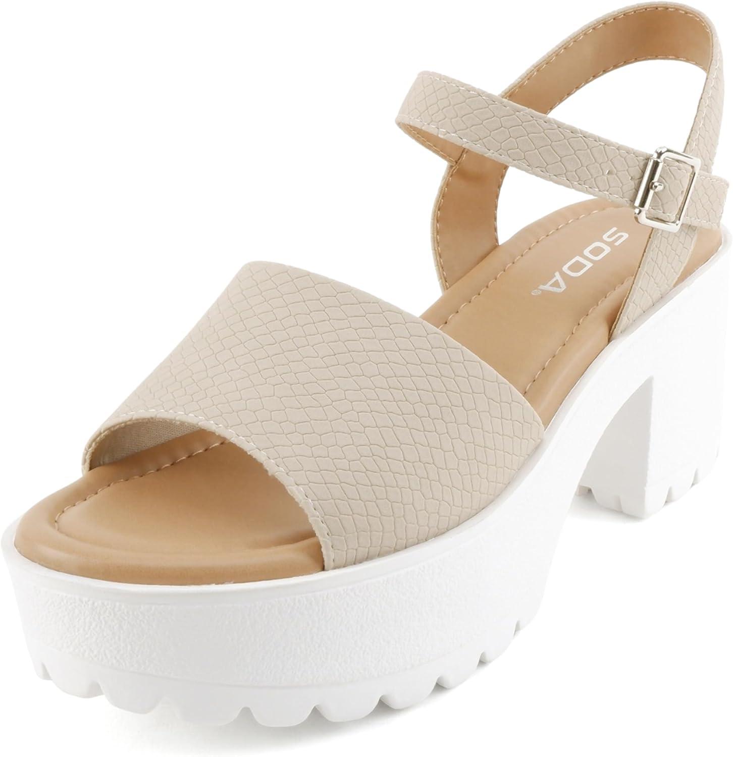 image:imageSoda Stacie Women Open Toe Lug Sole Mid Block Heeled Sandals with Adjustable Ankle StrapNude Cobra