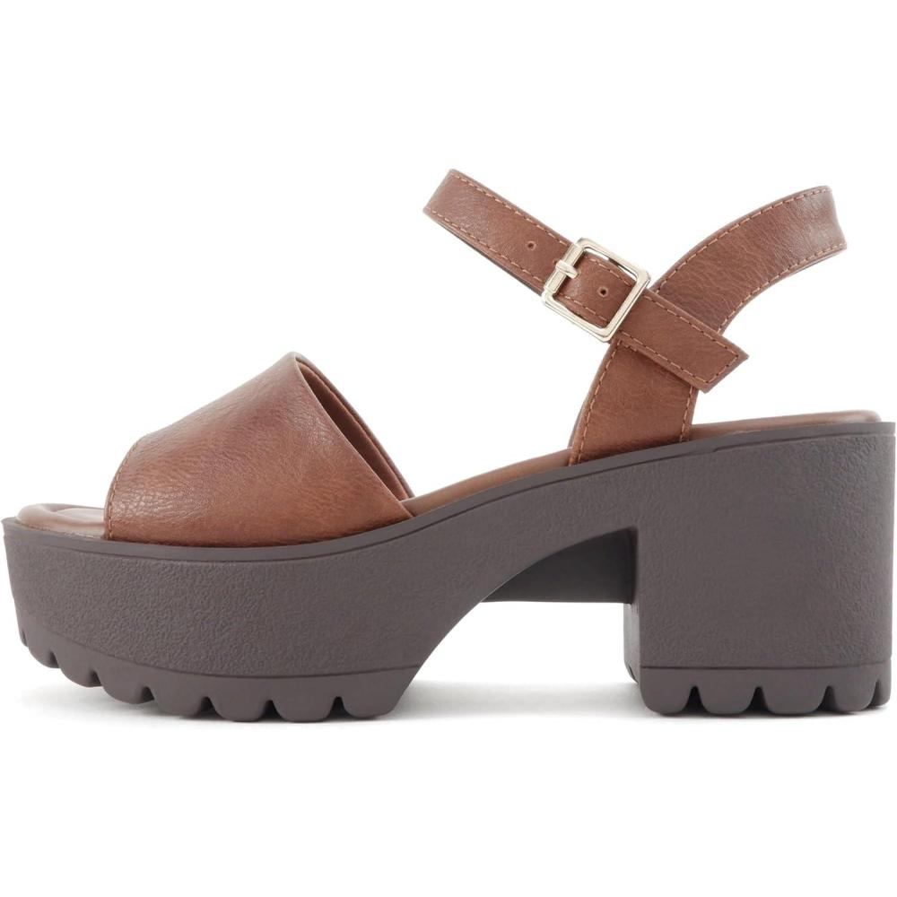 image:imageSoda Stacie Women Open Toe Lug Sole Mid Block Heeled Sandals with Adjustable Ankle StrapCognac Pu