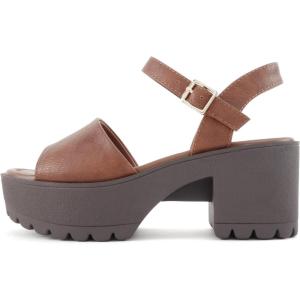 Soda “Stacie” ~ Women Open Toe Lug Sole Mid Block Heeled Sandals with Adjustable Ankle Strap(Cognac Pu)