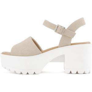 Soda “Stacie” ~ Women Open Toe Lug Sole Mid Block Heeled Sandals with Adjustable Ankle Strap(Nude Cobra)